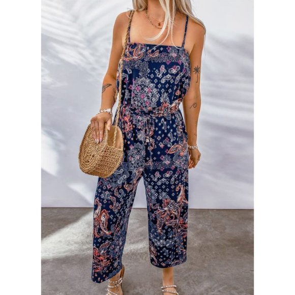Souls & Sirens Pants - Blue Boho Paisley Printed Sleeveless Wide Leg Romper Maxi Jumpsuit One Piece